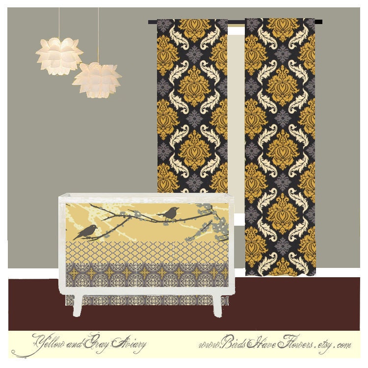 Gray and Yellow Bird baby bedding with custom bumpers,fitted sheet and crib skirt     lots more prints to choose from