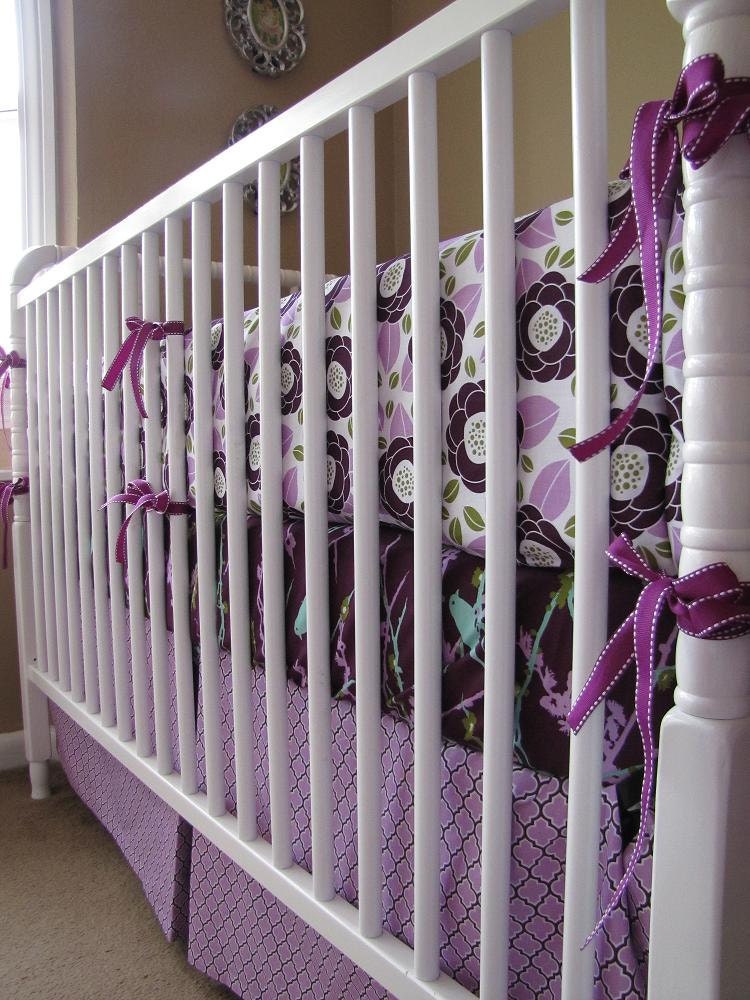 Aviary birds and blooms in lilac - baby bedding includes fitted sheet, bumper set, and crib skirt