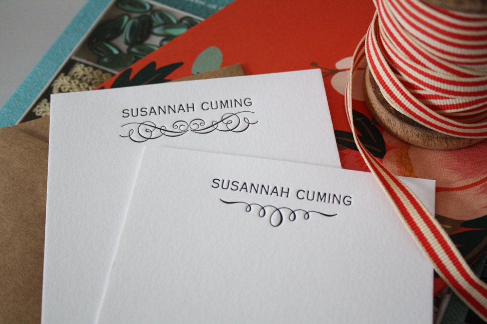 Personalized Letterpress Notecards with Printed Envelopes - One Flourish : Set of 25