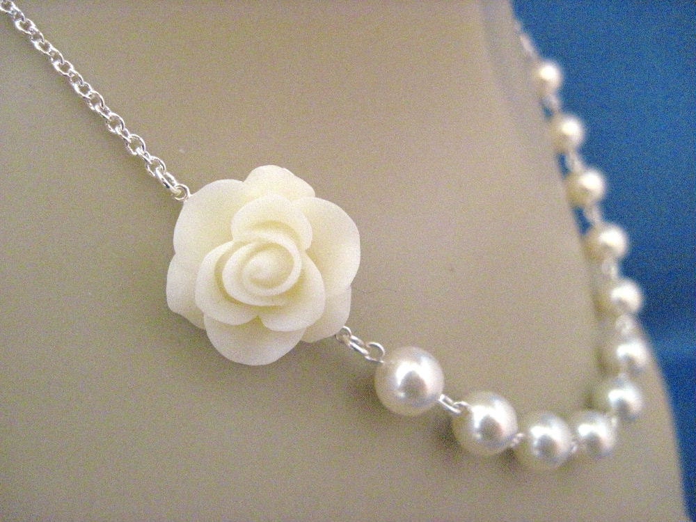 Wedding Jewelry Ivory Beauty Rose and Pearl Bridal Necklace