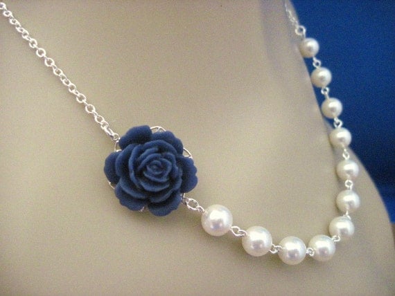 Bridesmaid Necklace Navy Blue Rose and Pearl Wedding Jewelry