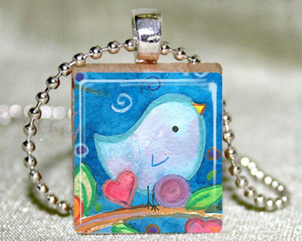 Scrabble Tile Pendant - Scrabble Tile Jewelry - Bluebird on a Branch Scrabble Tile Pendant with Necklace and Matching Gift Tin