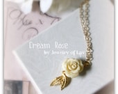 Cream Rose Necklace made with vintage rose, matt gold leaf, 14k gold plated chain etc.