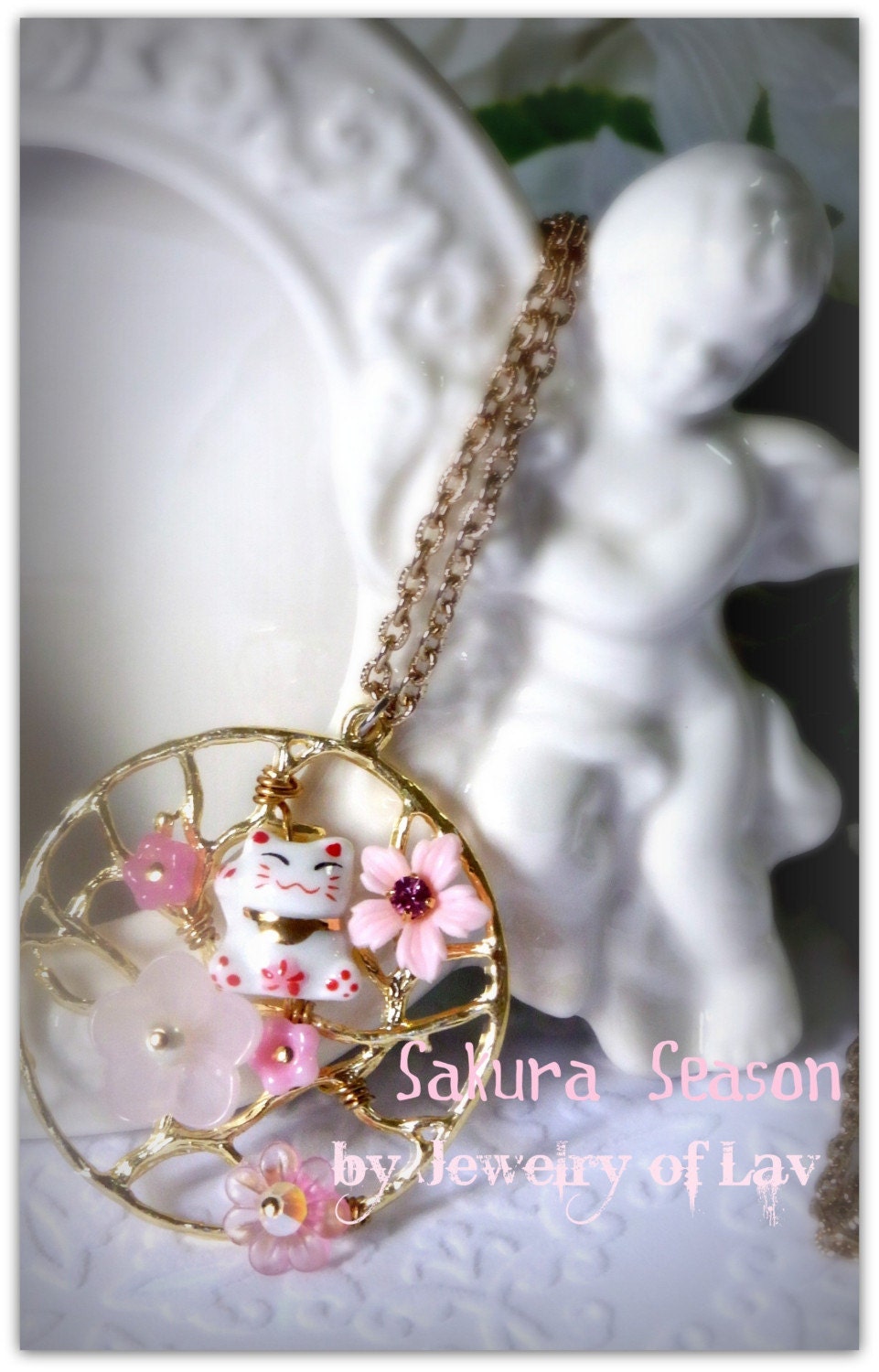 SALE - Sakura Season Necklace made with pretty flowers, swarovski crystals, a cute porcelain kitten etc.