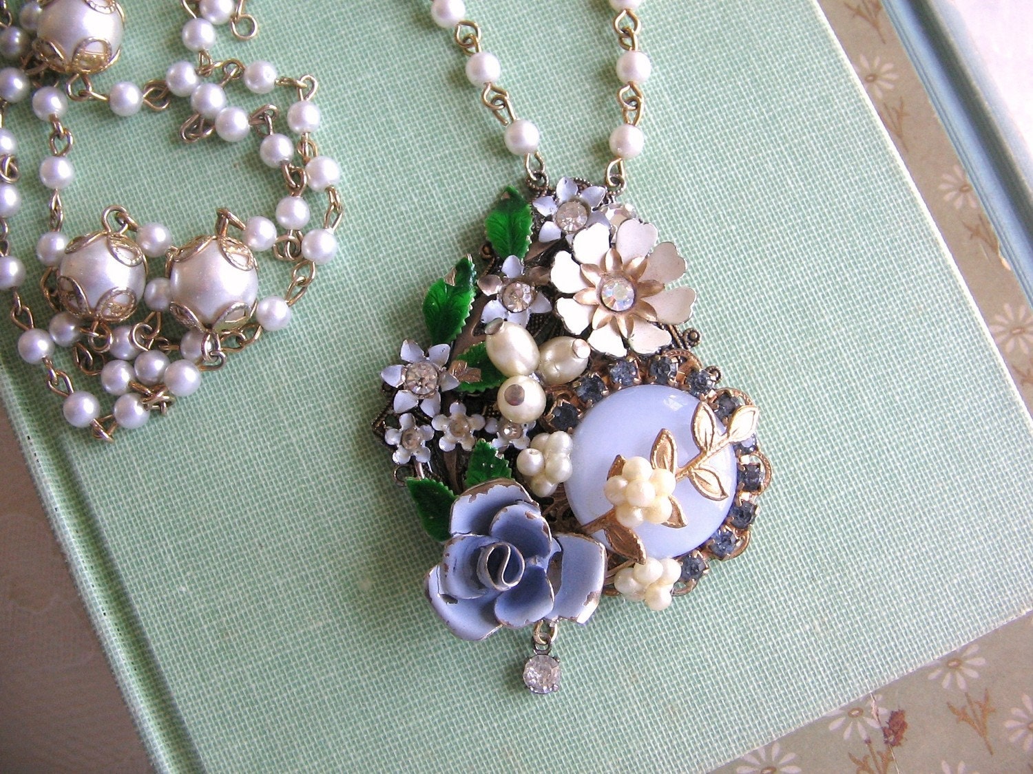 Happy Spring 15% off Sale Mother's Day Gift - Something Blue Repurposed Vintage Jewelry Shabby Chic Wedding Collage Necklace