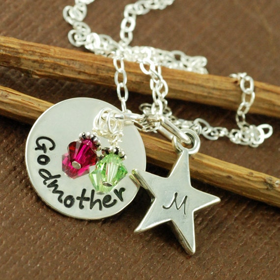 Hand Stamped Jewelry - Godmother and Godchild Star - Personalized Jewelry - Sterling Silver Jewelry - Star Necklace - Birthstone Jewelry
