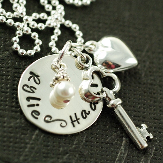 Hand Stamped Sterling Silver Necklace,  Personalized Handstamped Discs, Mommy Necklace, Key to my Heart, Birthstone Jewelry