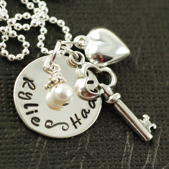 Hand Stamped Sterling Silver Necklace,  Personalized Handstamped Discs, Mommy Necklace, Key to my Heart, Birthstone Jewelry