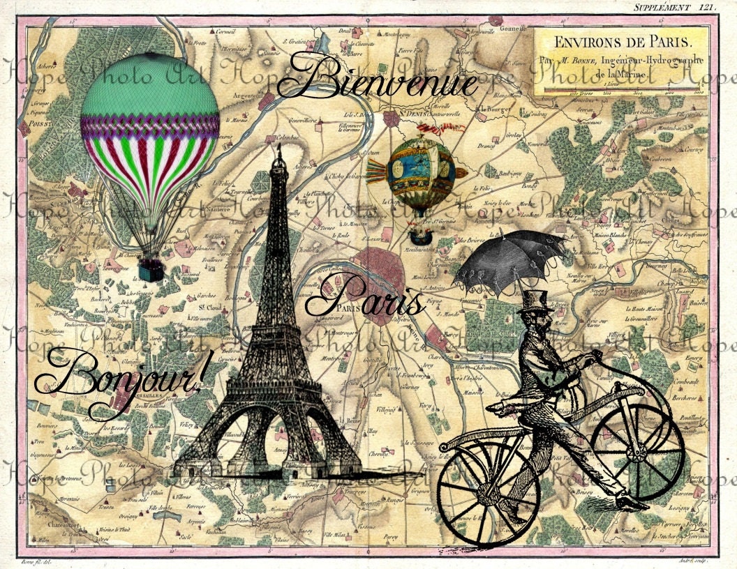 Bonjour De Paris French Vintage Map Digital Collage Sheet -  craft supplies art print paper supplies image transfer greeting cards- U Print