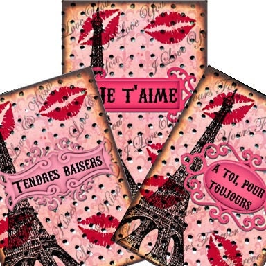 French Kisses Valentine Tags 2.5x3.5 Collage - Atc Aceo tags postcard greeting cards hang tags gift - U-Print JPG format 300dpi