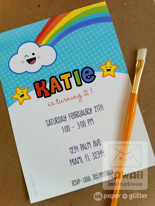 Rainbow Art Party Kawaii Invitation or Thank You Card