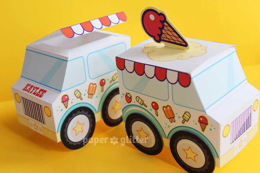 Ice Cream Party Favor Box Truck Paper Craft Toy - Editable Text Printable PDF - 0110