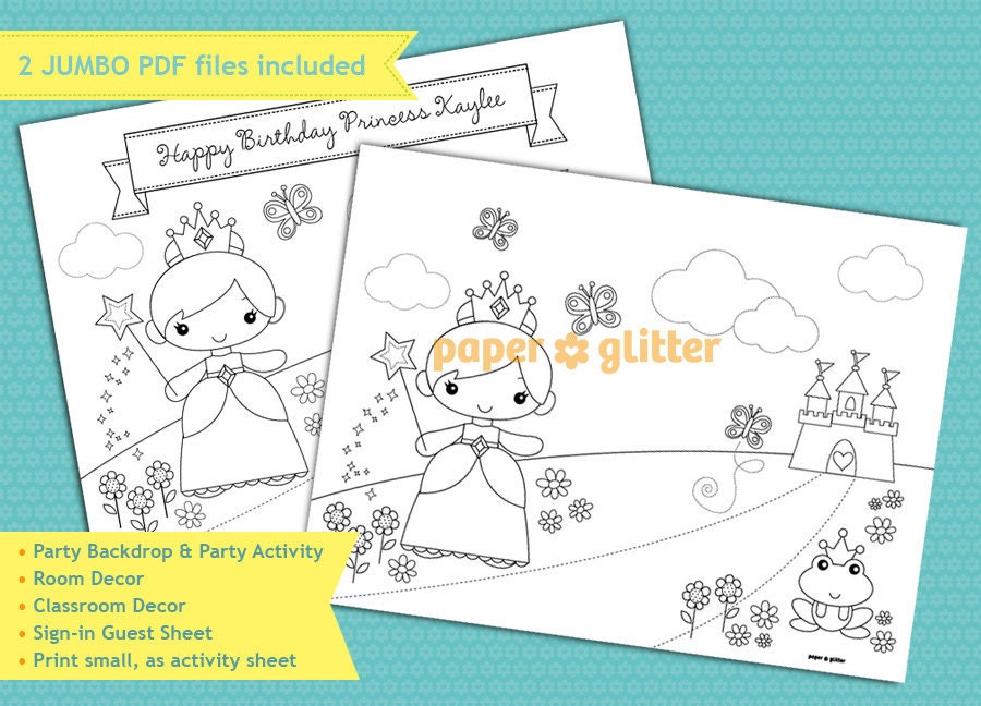 Princess Party Decoration Coloring Sheet Backdrop Wall Decor Printable Wall Decor  3 x 4 feet - Editable Text Printable PDF 0107