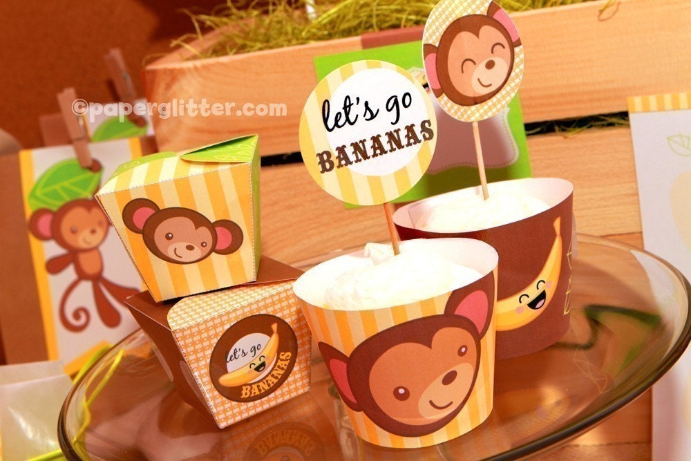 Monkey Jungle and Bananas Party Kit in yellow - CHANGEABLE TEXT PRINTABLE pdf Complete Set 0109