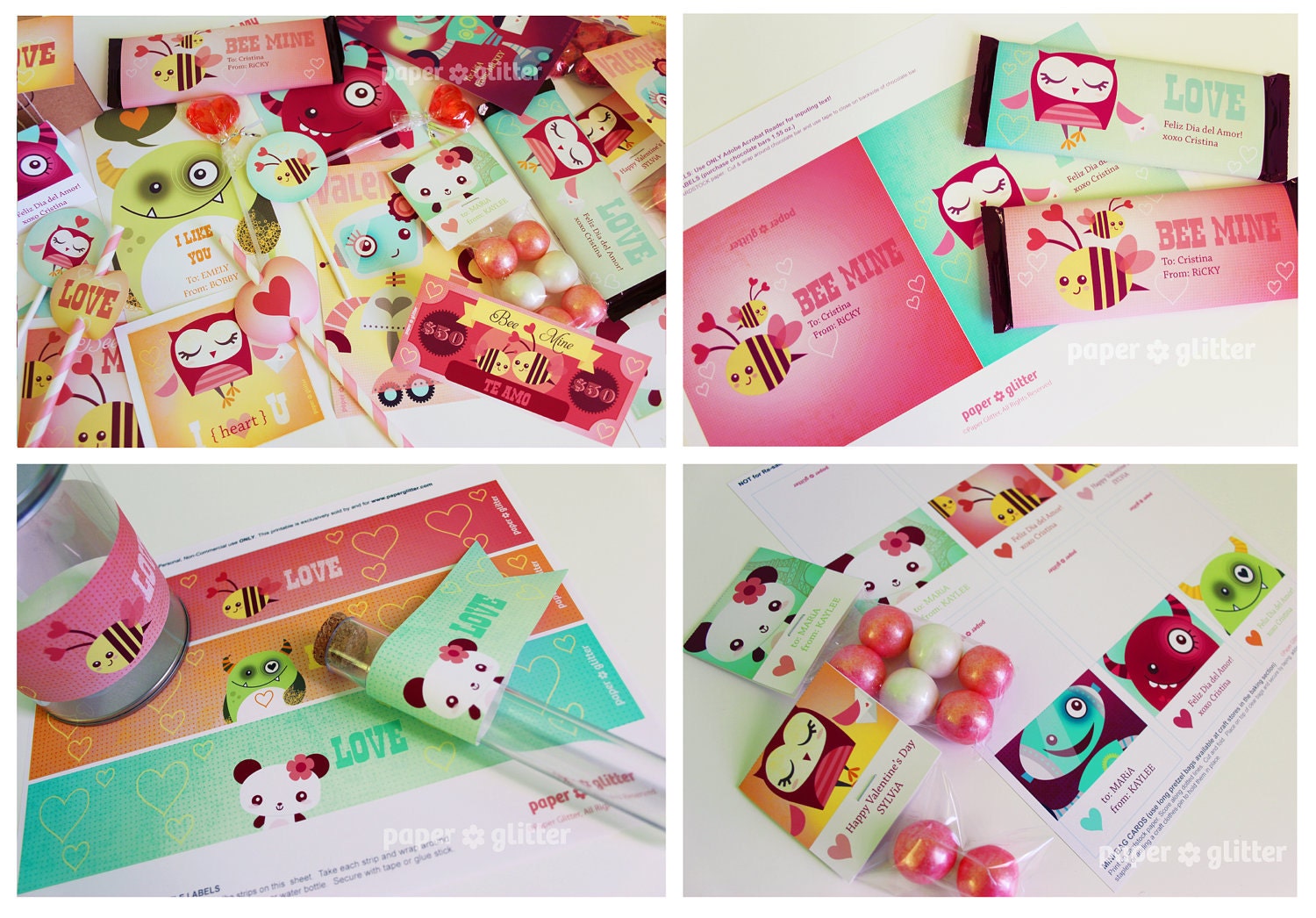 Valentine Cards Party & School Printables of Bag Toppers, Chocolate Labels, Gift Wrapping, DIY Paper Craft, with Editable Text 0106