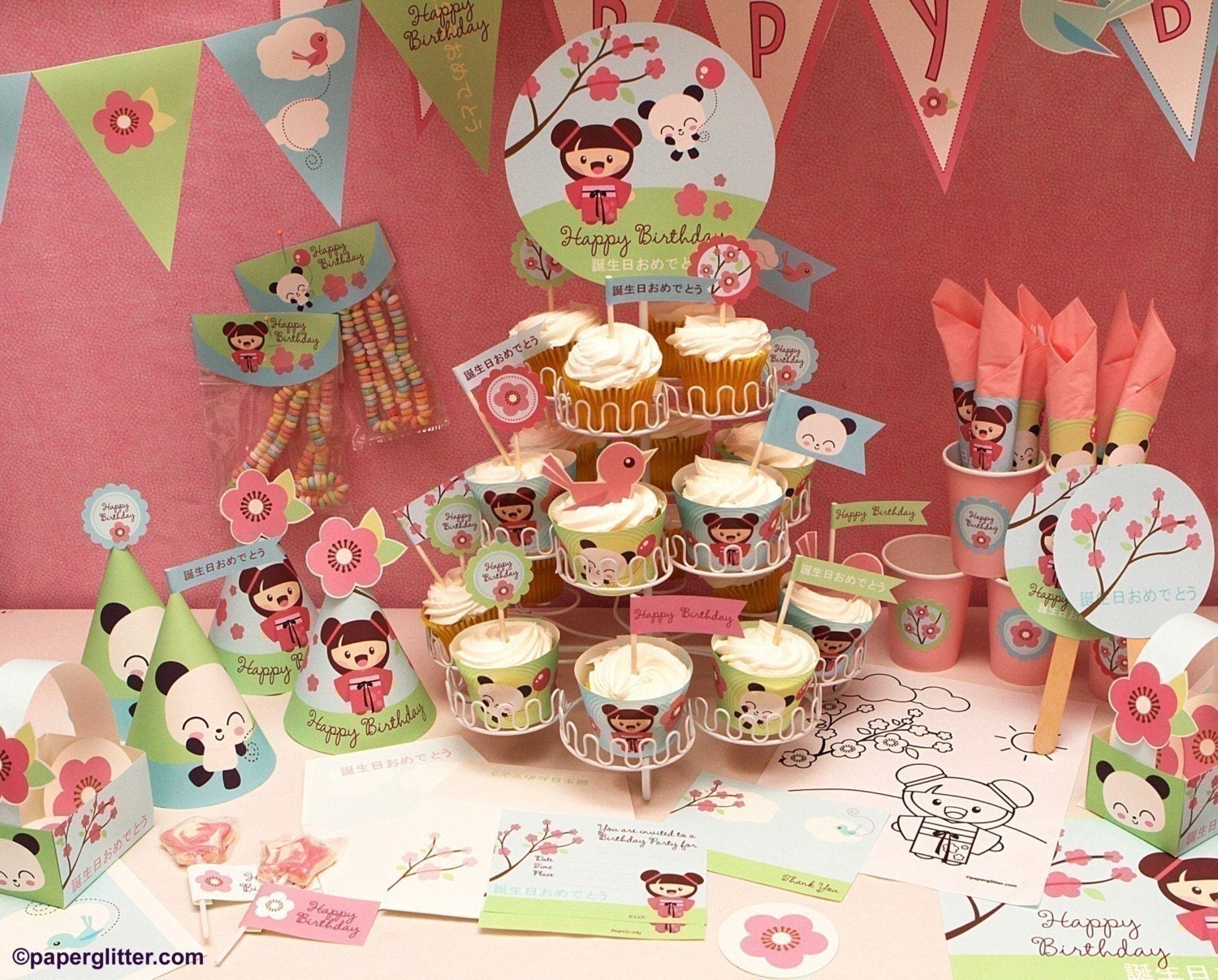 Panda Cherry Blossom Japanese Kawaii Love Birthday Party Kit-Printable PDF Complete Set 0006