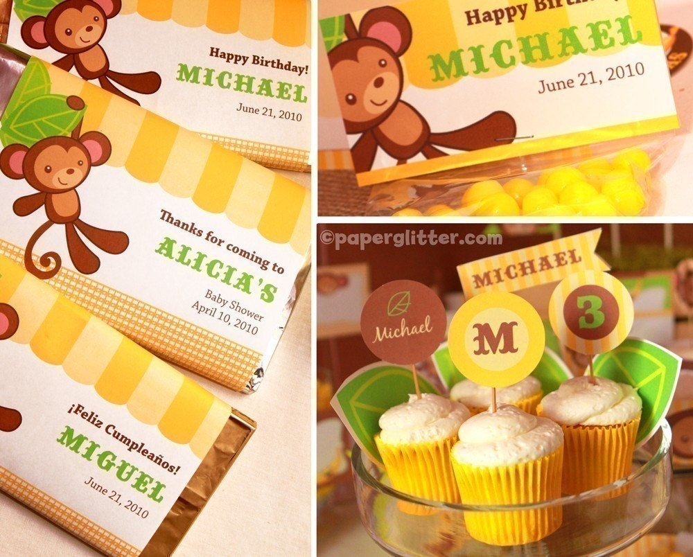 Monkey Jungle and Bananas Party Kit in yellow - CHANGEABLE TEXT PRINTABLE pdf Complete Set 0109