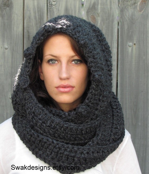 Hooded Scarf  Scoodie Messenger Scarf Long Wool Scarf - Charcoal Gray or Choose Your Color