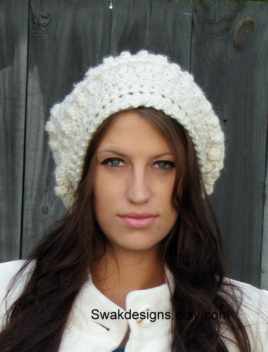 Alpaca Wool Slouchy Hat - Slouchy Bobble Beanie Winter White or CHOOSE Your color Hand Knit Hat
