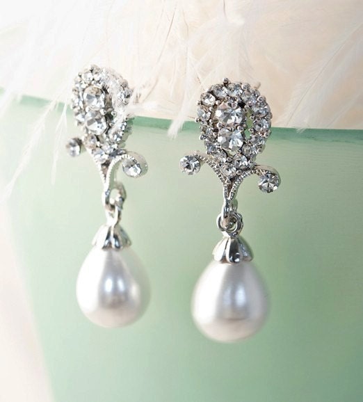 Bridal Pearl Earrings, Rhinestone Chandelier Earrings, Crystal Dangle Earrings, Wedding , Ivory, White - CLARA