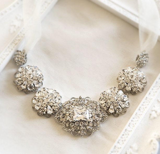 Bridal Rhinestone Statement Ribbon Necklace -- Crystal Wedding Brooch Necklace Vintage Style - wedding jewelry - Isabel