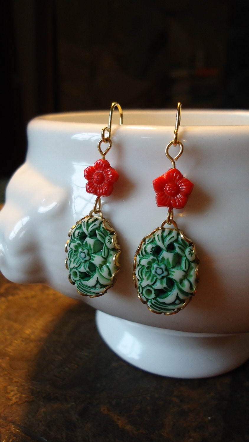 Alpine Cameo Earrings - Green Carved Resin & Red Glass Daisies - Vintage Cabochons, 1950s Czech Beads - Jewelry by AlpineGypsy on Etsy