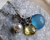 Sterling silver gemstone charm necklace, blue chalcedony, canary yellow zircon and pearl handmade jewelry - Spring Fashion - June birthday