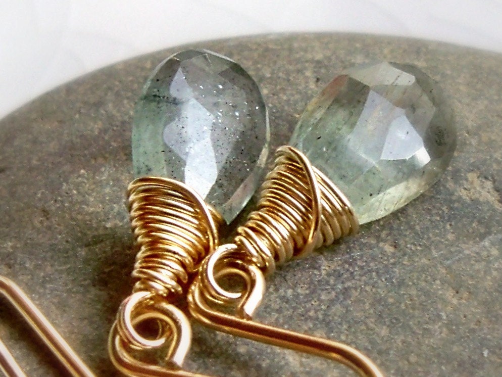 Spring fashion - Blue gray moss aquamarine handmade drop earrings - March birthstone - wire wrapped 14k gold filled gemstone jewelry