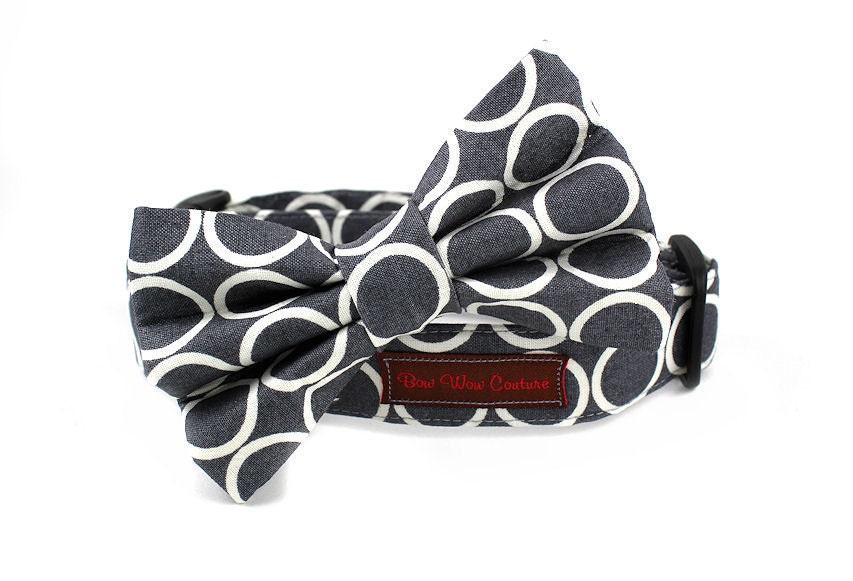 Slate Circles Dog Bowtie Collar Set - Mod Dog in Simple Slate - Made to Order in Your Choice of Size
