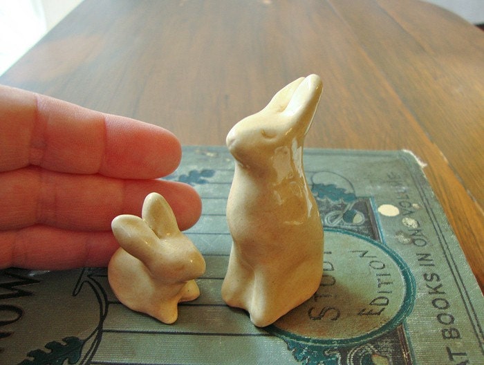 Two Bunny Rabbits mama and baby miniature ceramic sculptures