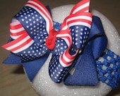 American Flag Patriotic Red White and Blue Double Layered Boutique Lush Hair Bow with Stars and Stripes and lot of Spikey Edges