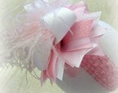 Baby Soft Pink White Over the Top Ostrich Feather Hair Bow Boutique Pageant Party Hairbow Large Big Feathers Matching Headband Included