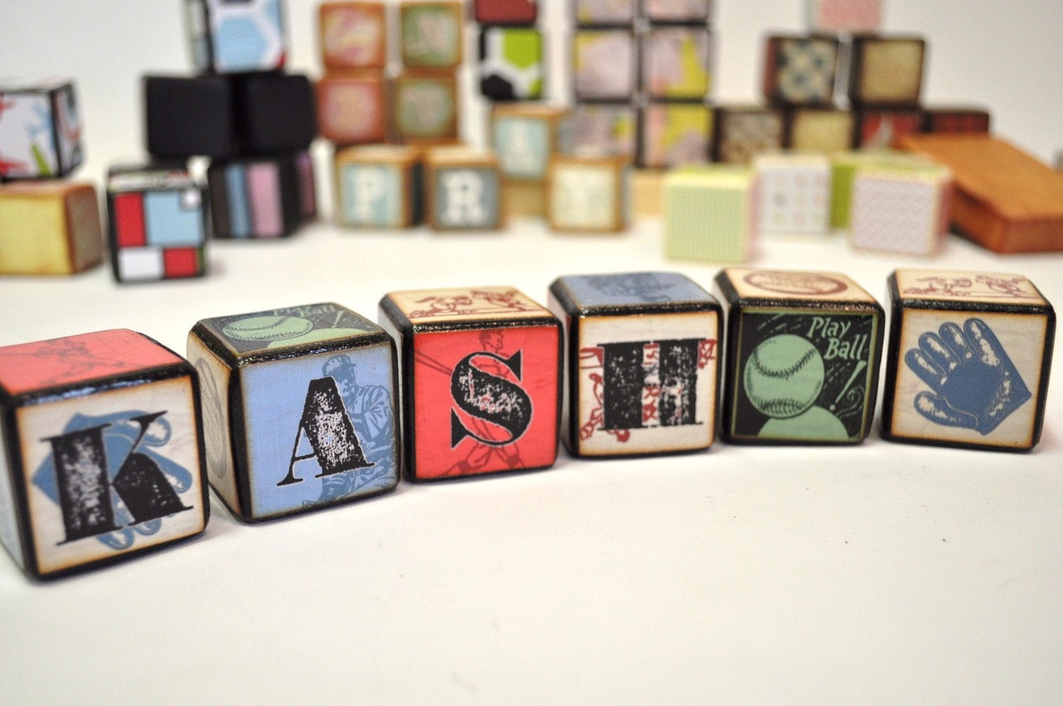 Childrens Block set with Vintage Inspired Baseball Design - Set of 8 - Can Be Personalized