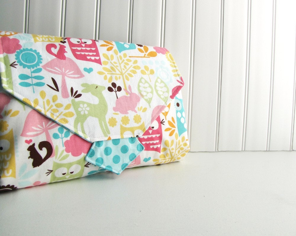 Diaper Clutch - Diaper Changing Pad Clutch - Forest Life Watermelon with Sea Ta Dot - Made to Order