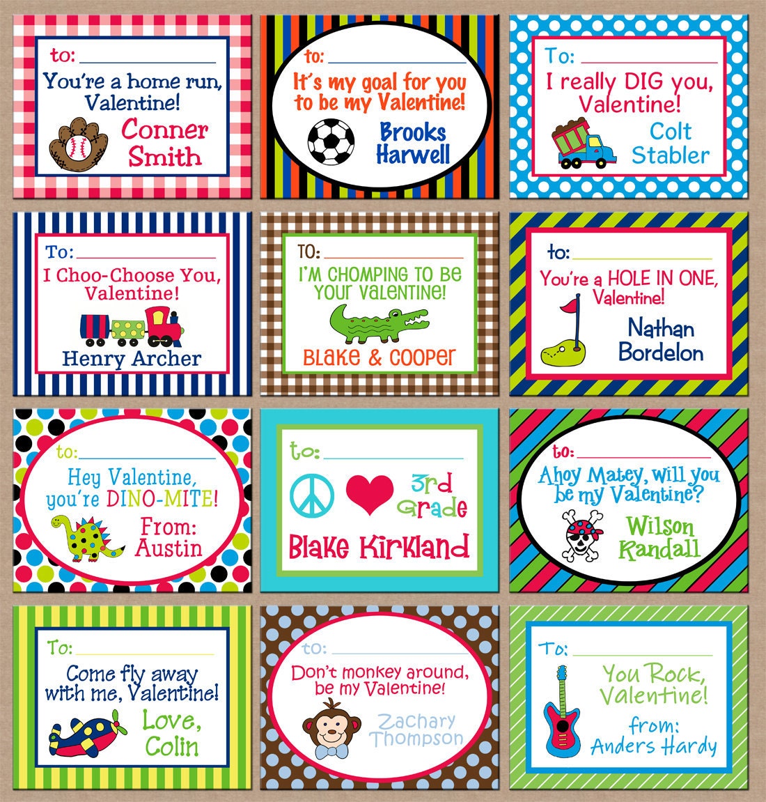 12 Personalized Boy Valentines with Envelopes - Design your own - ONE DESIGN