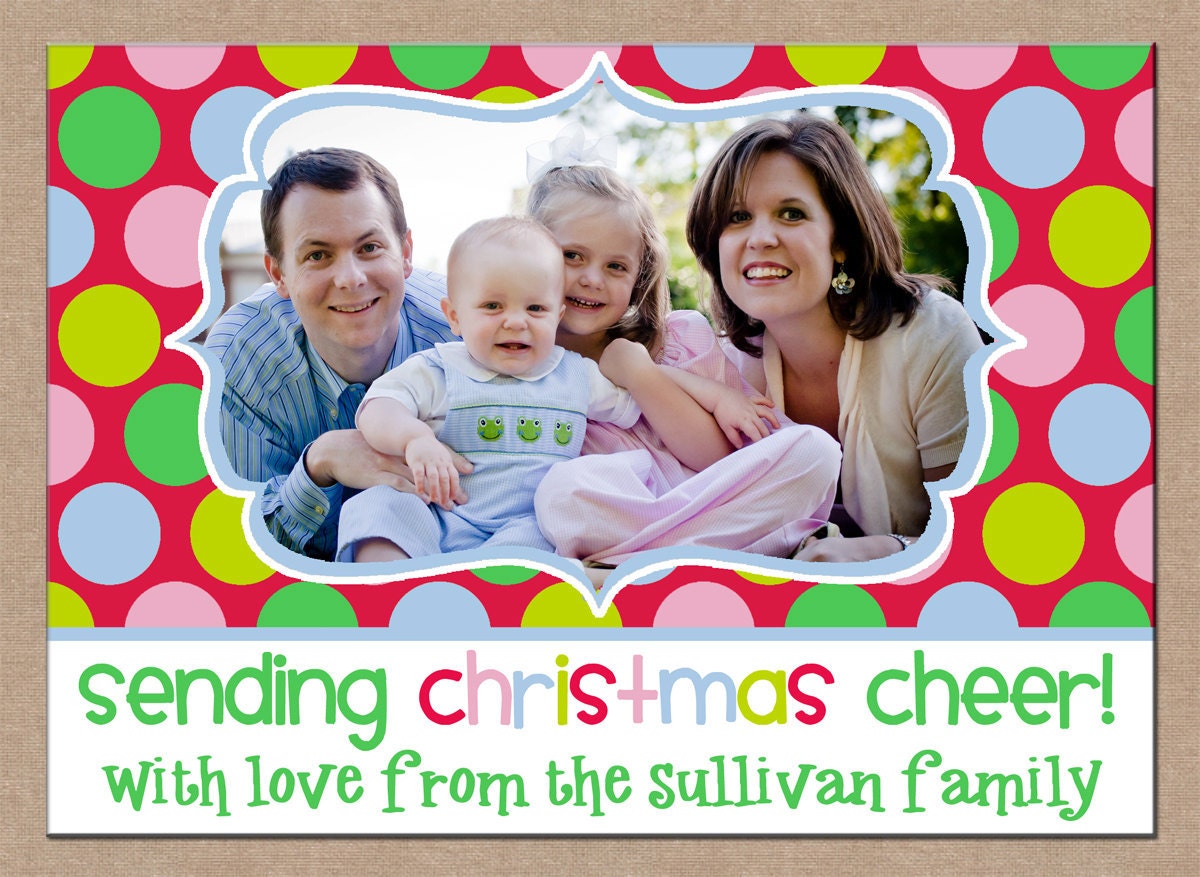 12 Personalized Printed Christmas Holiday Photo Cards with envelopes - multi polka dot one photo horizontal layout