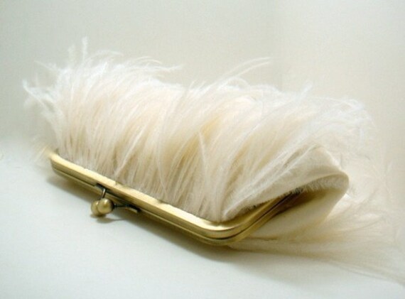 Ostrich Feather Bridal Clutch in Ivory and Gold