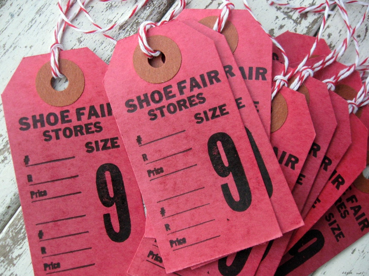 Vintage tags tickets shoe fair stores size 9 vintage red color set of 13