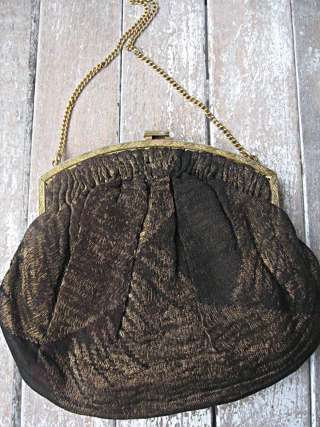 Vintage silk handbag purse, evening bag with chain handle, silk lining, gold threads