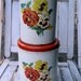 Vintage metal kitchen canisters with pansies, farmhouse kitchen style, 1950's