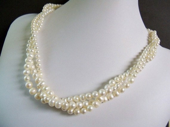 Twisted white pearl necklace freshwater pearls, silver plated filigree pearl clasp bridesmaid gift