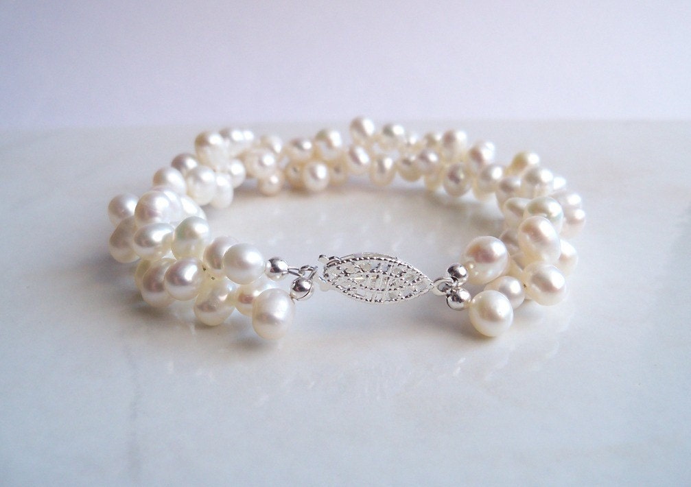 Twisted pearl bracelet teardrop shaped top drilled White freshwater pearl twisted bracelet multi strand with silver plated pearl clasp