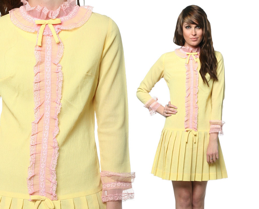 1960s Mod Dress Tuxedo Ruffle Yellow Pink Drop Waist Pleated 60s Mini Scooter Bow Chiffon Pastel Long Sleeve Spring MiniDress Medium M