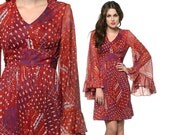70s Hippie Dress Angel Sleeve Patchwork Print Mini 1970s Boho Festival Red Purple Bell Empire Bohemian Babydoll Dress Medium Large M L