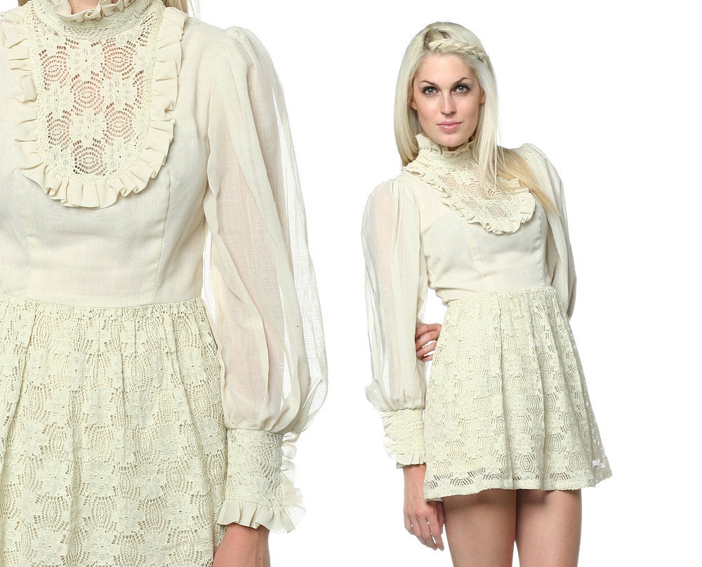 60s Lace Bib Dress Crochet Ruffle Hippie Boho Victorian Mod Babydoll Mini 1960s Vintage Extra Small XS