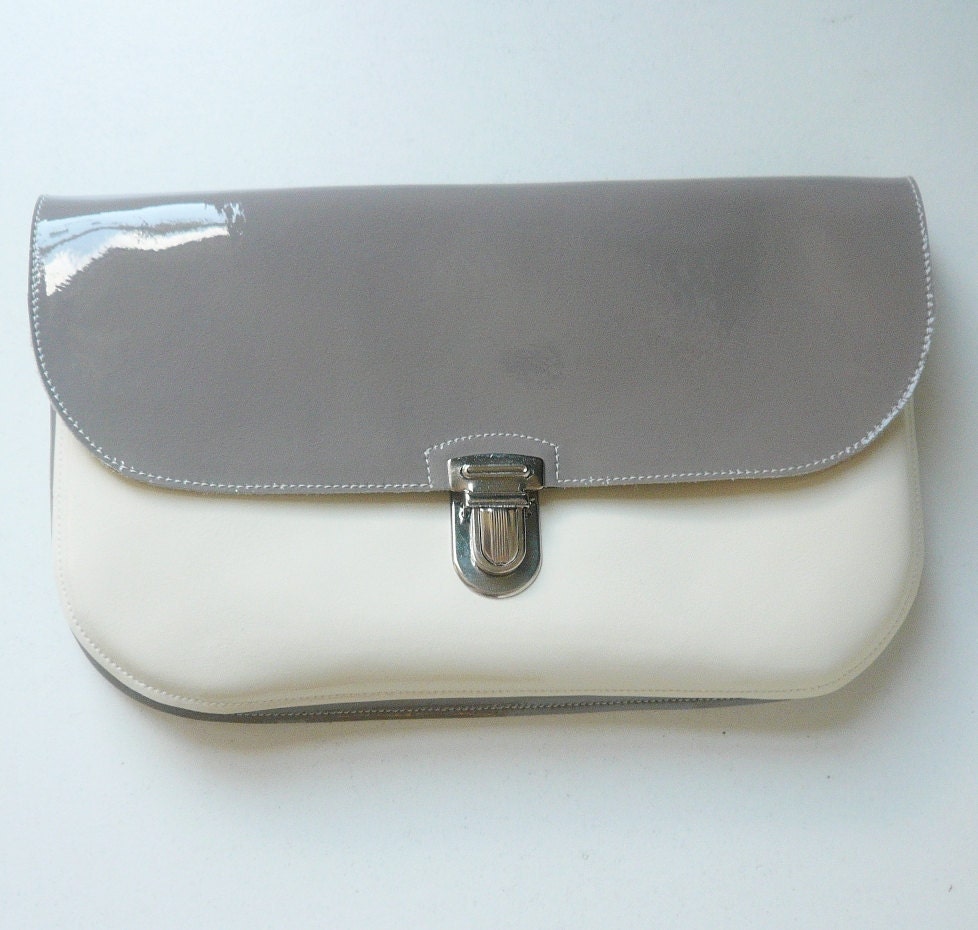 Gray/Cream Patent Leather Clutch