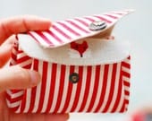 Triple Pockets Fox embroidery and Red Stripes Coin/Card Purse