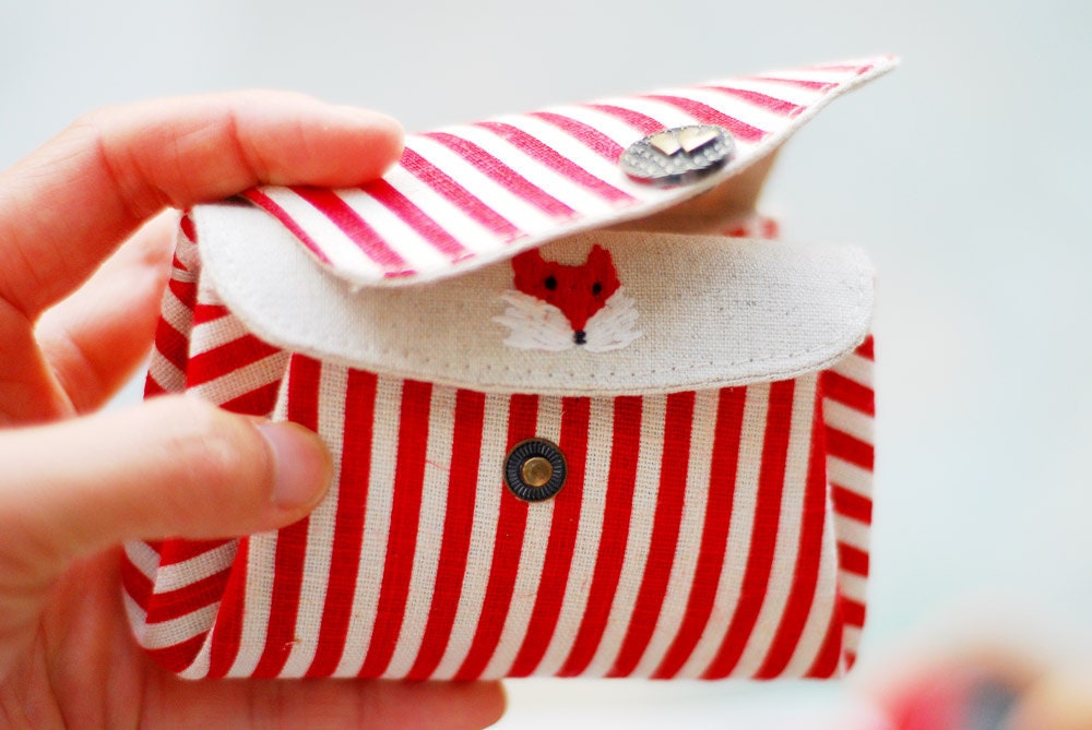 Triple Pockets Fox embroidery and Red Stripes Coin/Card Purse