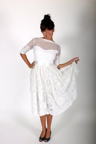 Short Cotton Wedding Dress with Lace Overlay - RESERVED