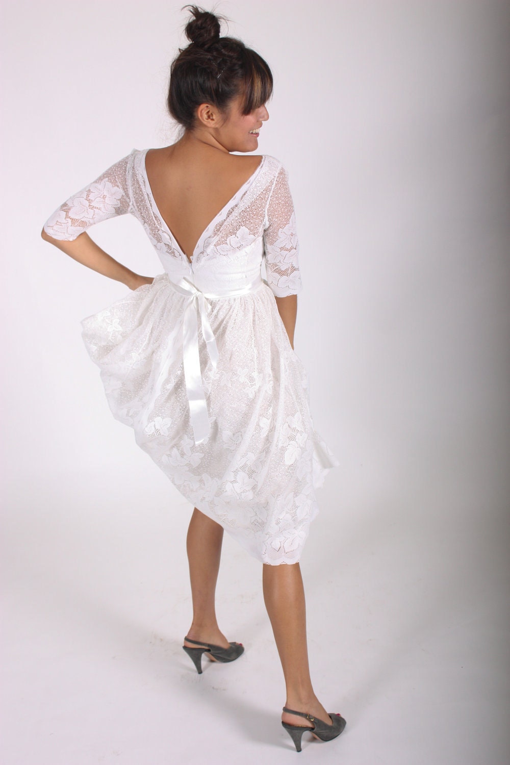Short Cotton Wedding Dress with Lace Overlay - RESERVED
